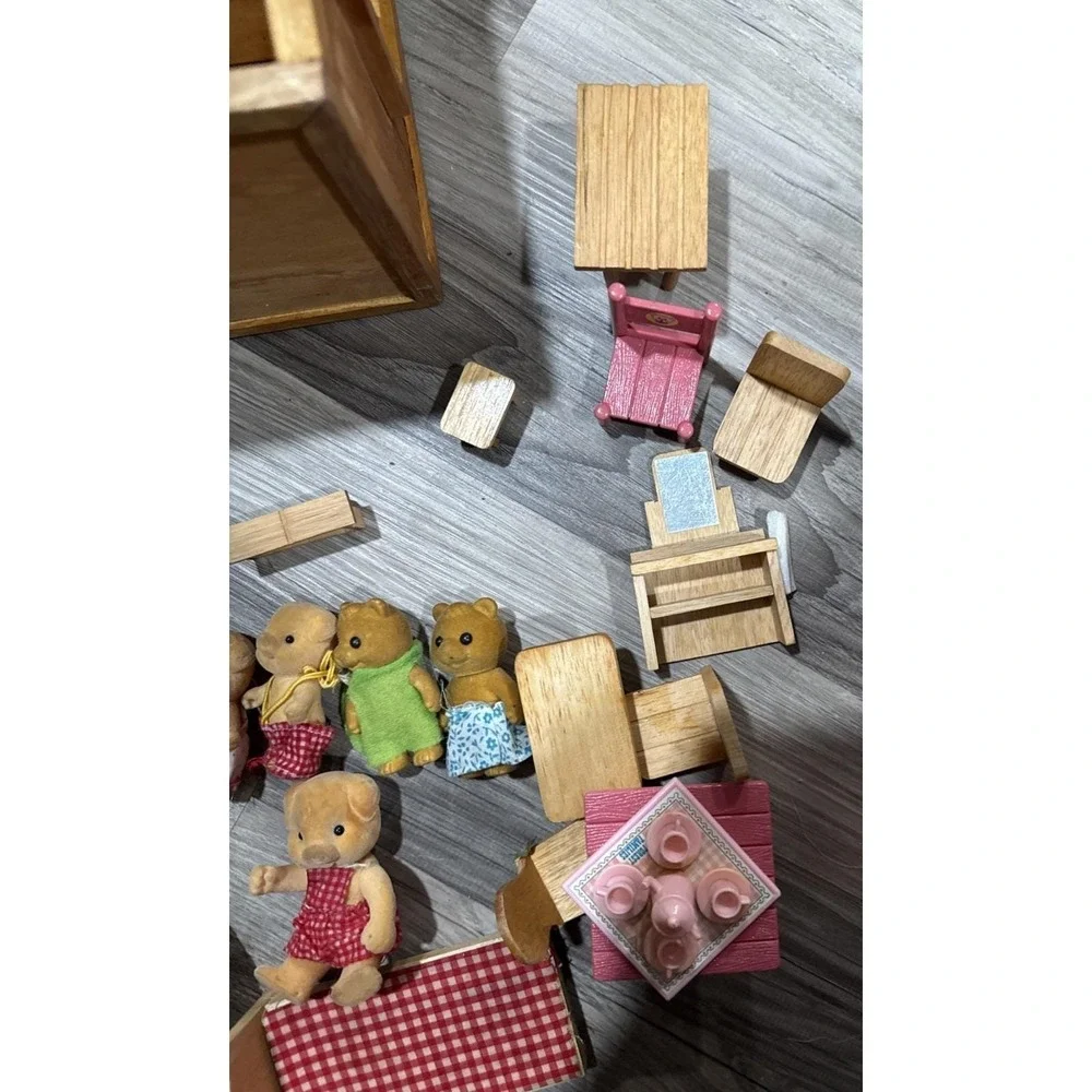 Vintage Wooden Dollhouse Lot with Flocked Bear Pig Figures Furniture Tea Set
